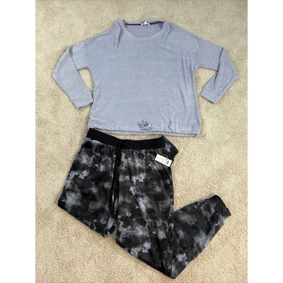 THREE DOTS Pajama Set Womans M Purple Gray Black knit Velour Lounge Stretch NWT - Picture 1 of 16